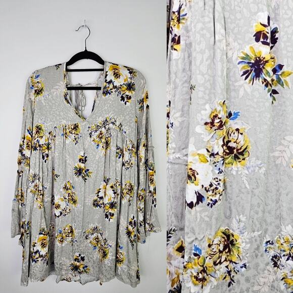 Altar’d State Large Gray Floral Babydoll Tunic Dress Boho Gypsy Flare Sleeve - Picture 1 of 13